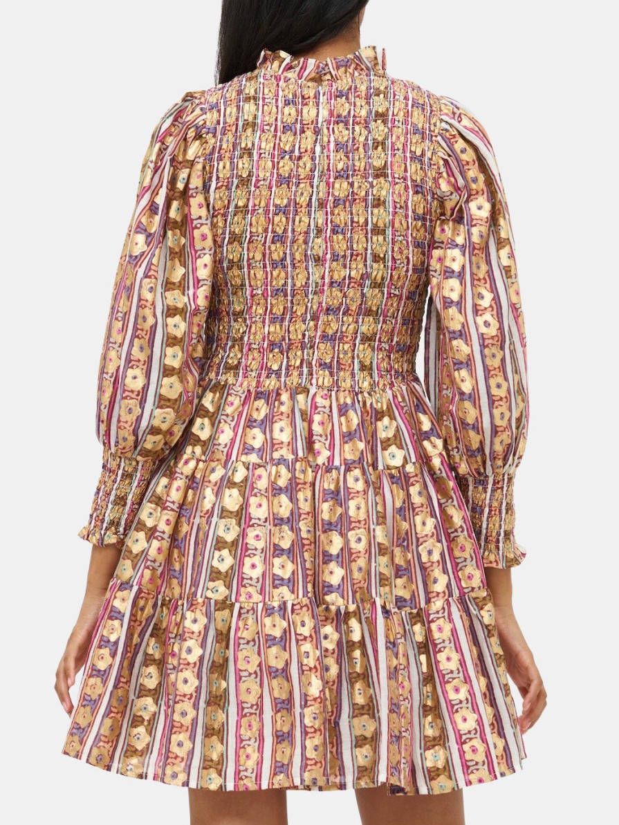 Clothing Oliphant Mini | Smocked Flirty 3/4 Sleeve Dress Olive Petal